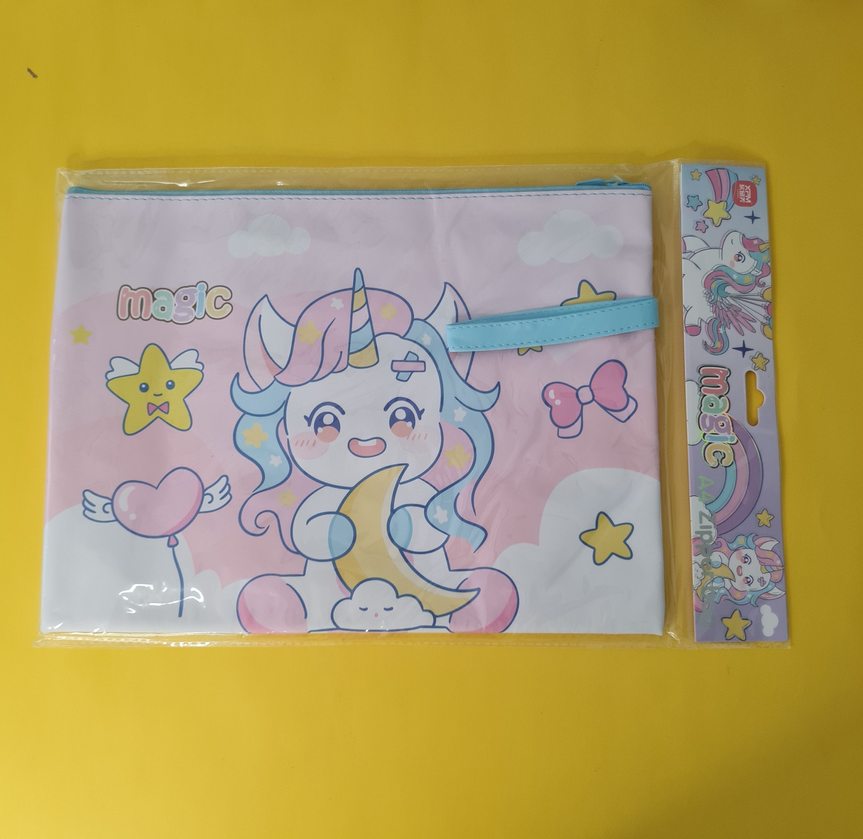 Unicorn-themed pouch with a colorful design on a yellow background
